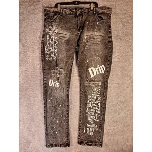 Encrypted Men's Black Acid Wash Distressed Jeans with White Graphic Drip  44x34